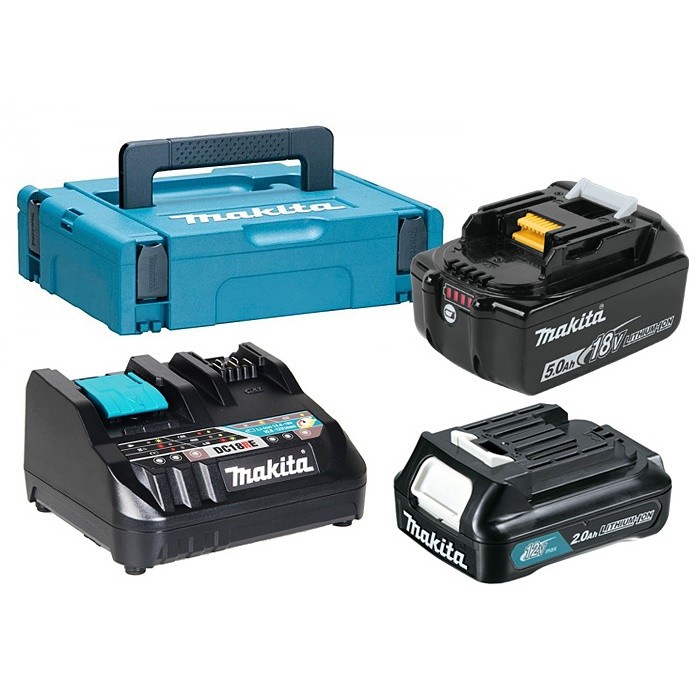 Набор аккумуляторов Makita 12 вольт BL1021B + 18 вольт BL1850B + ЗУ DC18RE + кейс MakPac 199024-2